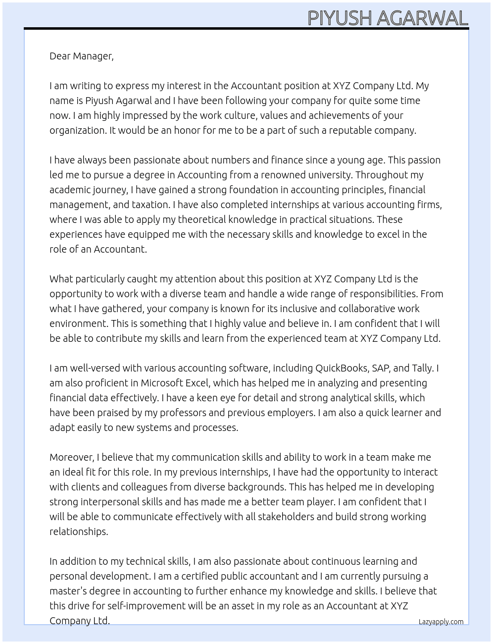 Accountant  At Xyz company ltd Cover Letter