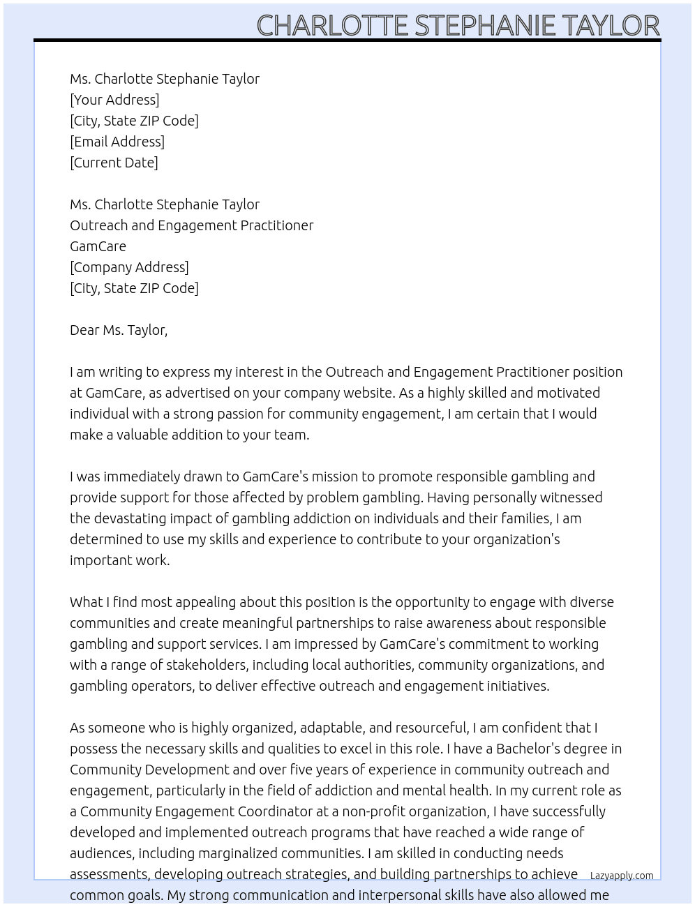 Outreach and Engagement Practitioner At GamCare Cover Letter