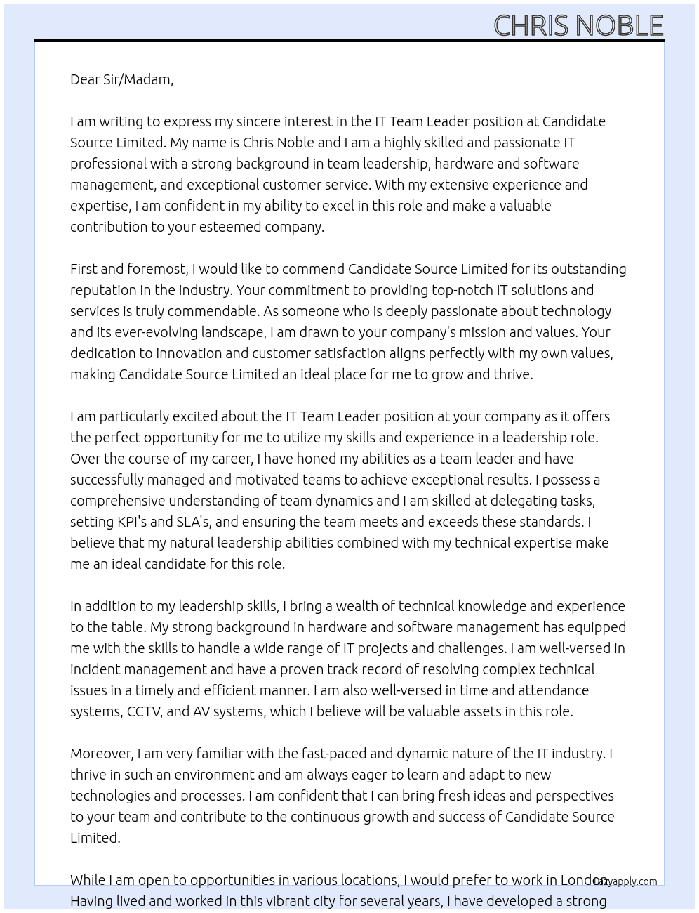 IT Team Leader At Candidate Source Limited Cover Letter