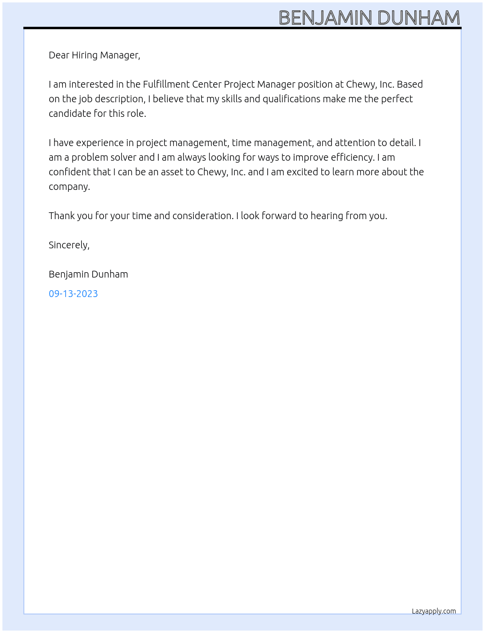 Fulfillment Center Project Manager At Chewy, Inc. Cover Letter