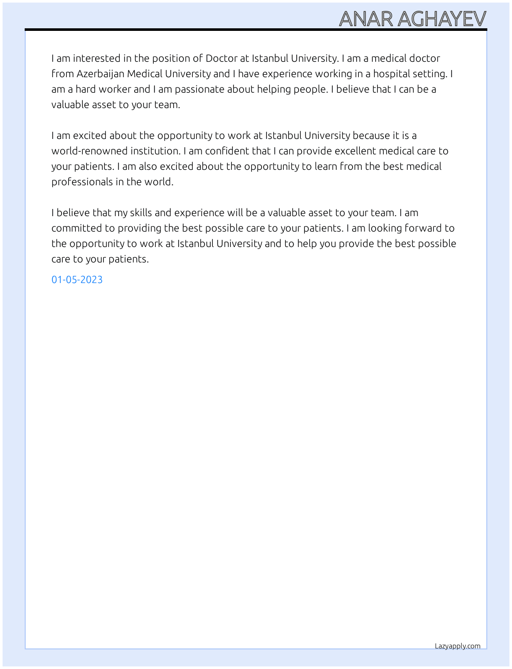 Doctor At Azerbaijan Medical University Cover Letter