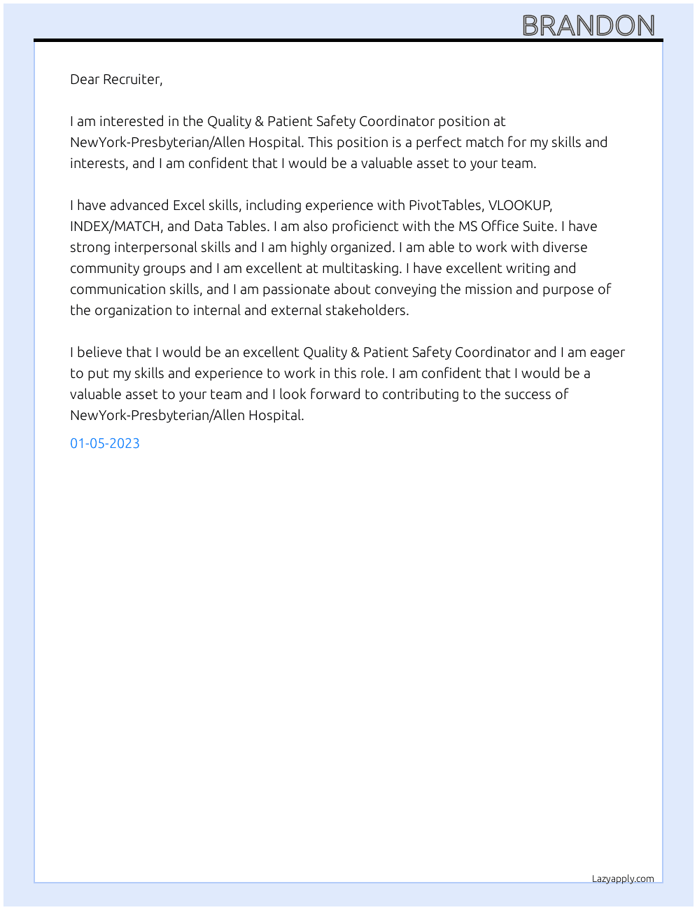 Quality & Patient Safety Coordinator At NewYork-Presbyterian/Allen Hospital Cover Letter