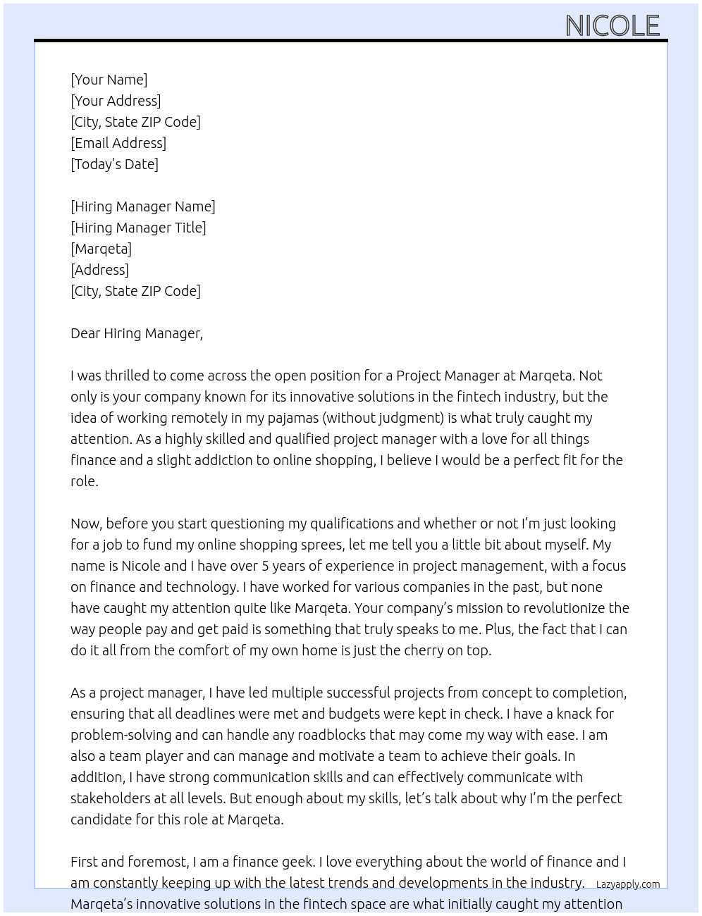 Project Manager At Marqeta Cover Letter