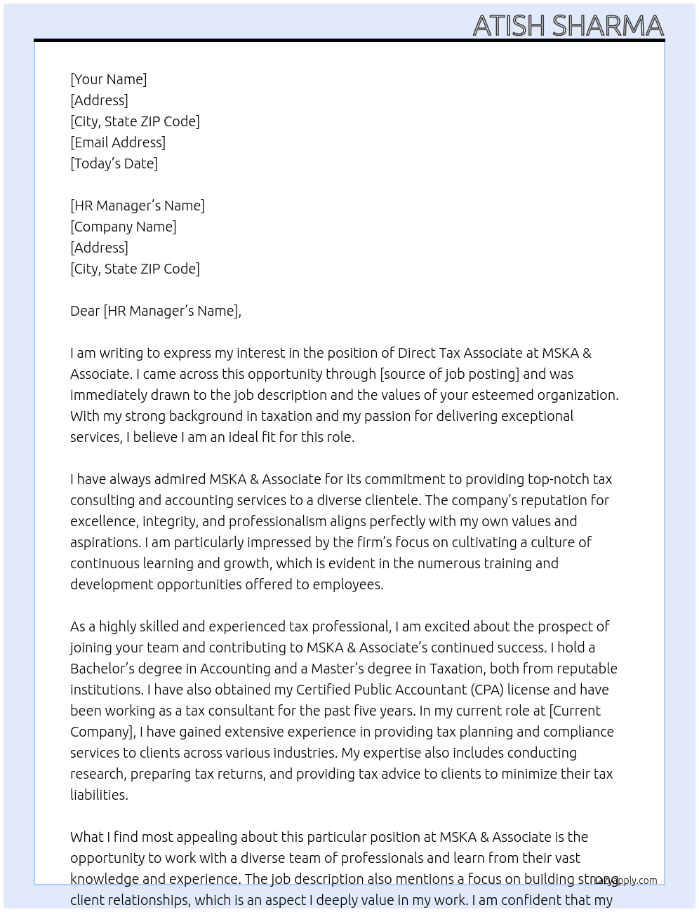 Direct Tax Associates At MSKA & Associate Cover Letter