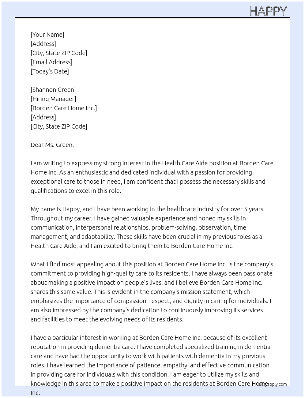 Health Care Aide  At Borden Care Home Inc. Cover Letter