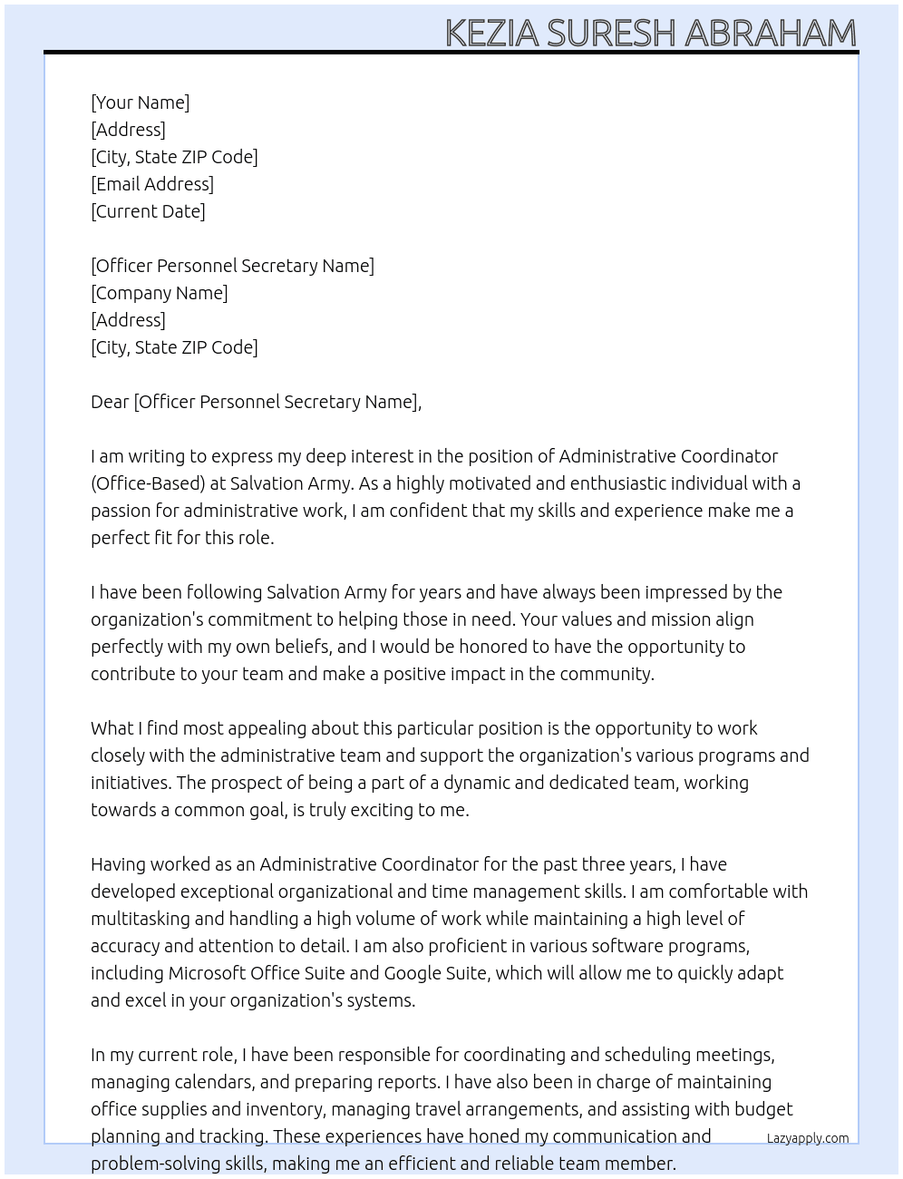 Administrative Coordinator (Office-Based) At SALVATION ARMY Cover Letter
