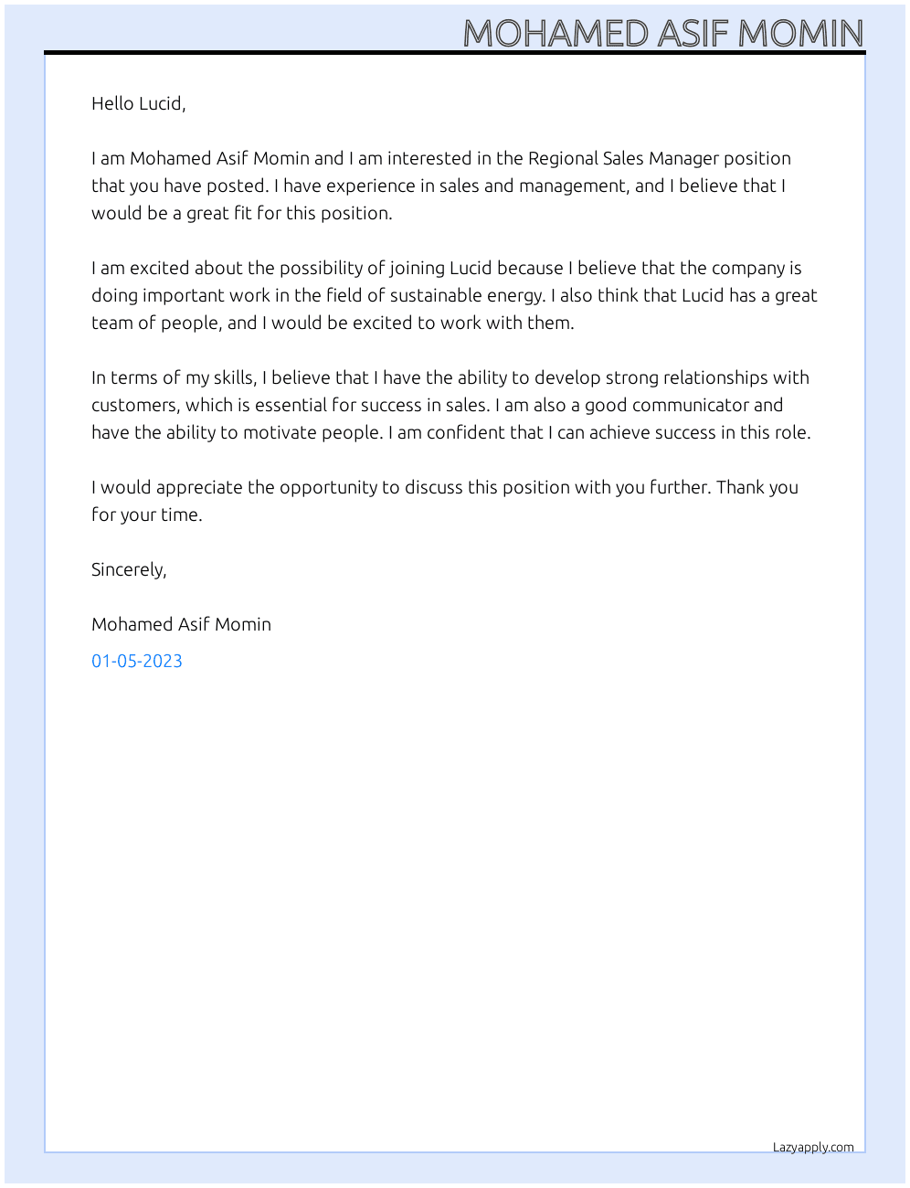 Regional Sales Manager  At Lucid Cover Letter