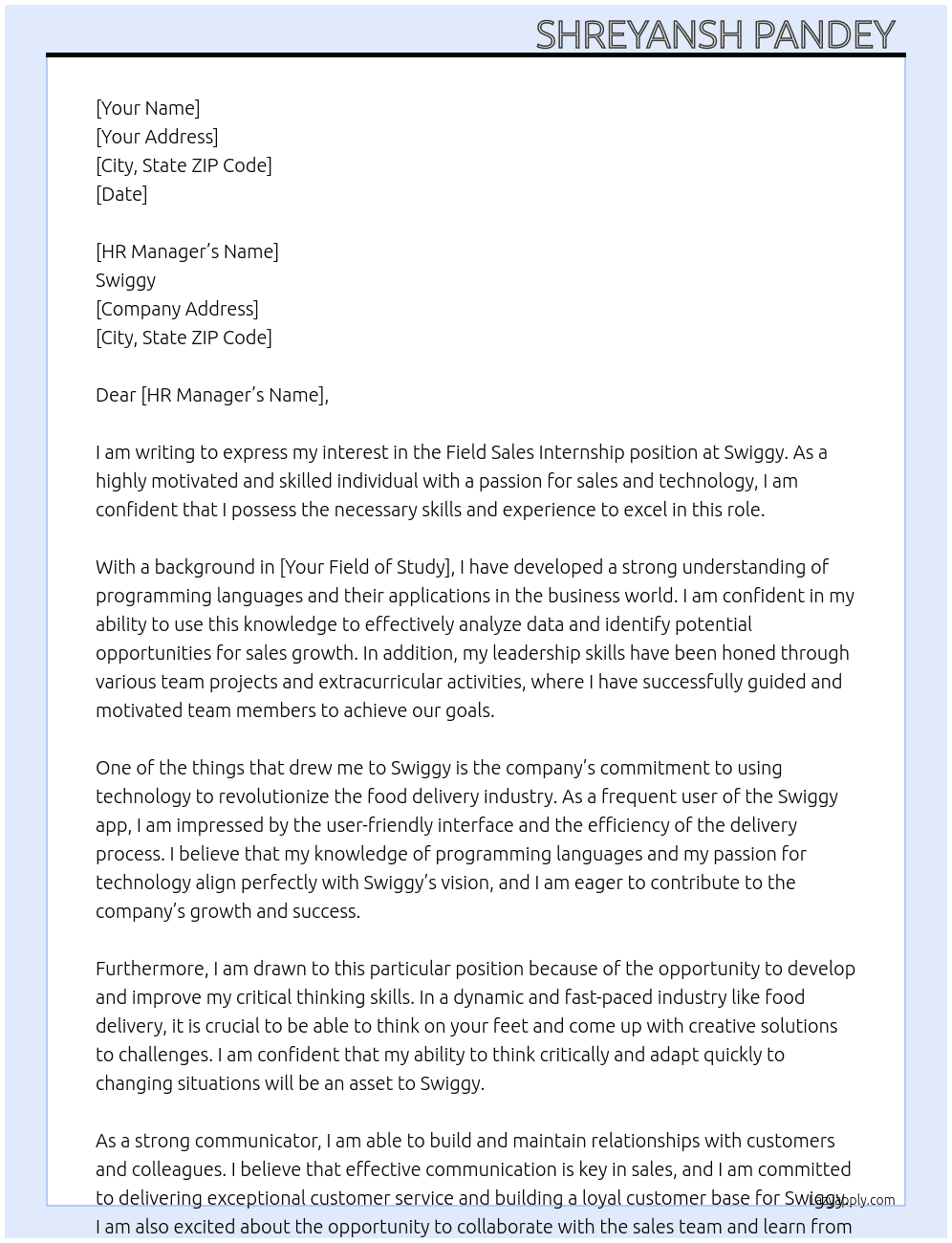 Cover letter for field sales internship - LazyApply