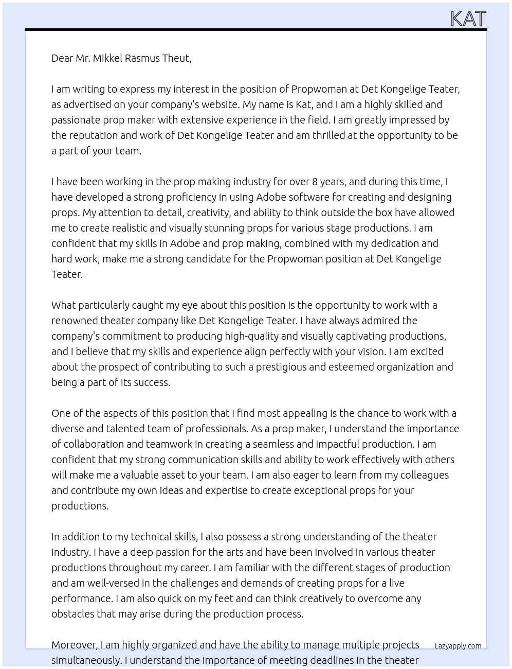 Propwoman At Det Kongelige Teater Cover Letter