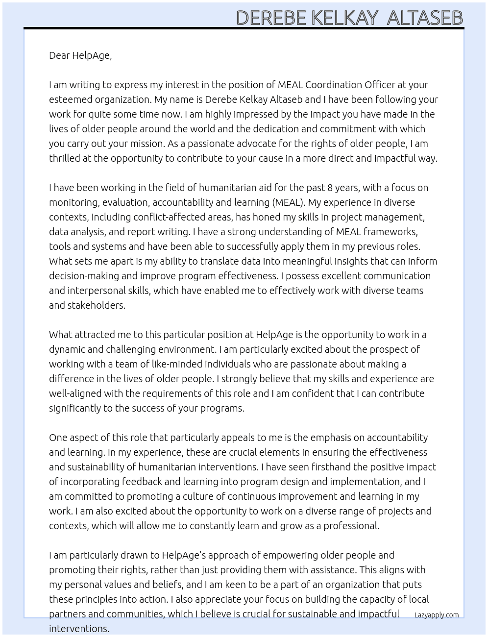 MEAL Coordination Officer At HelpAge Cover Letter