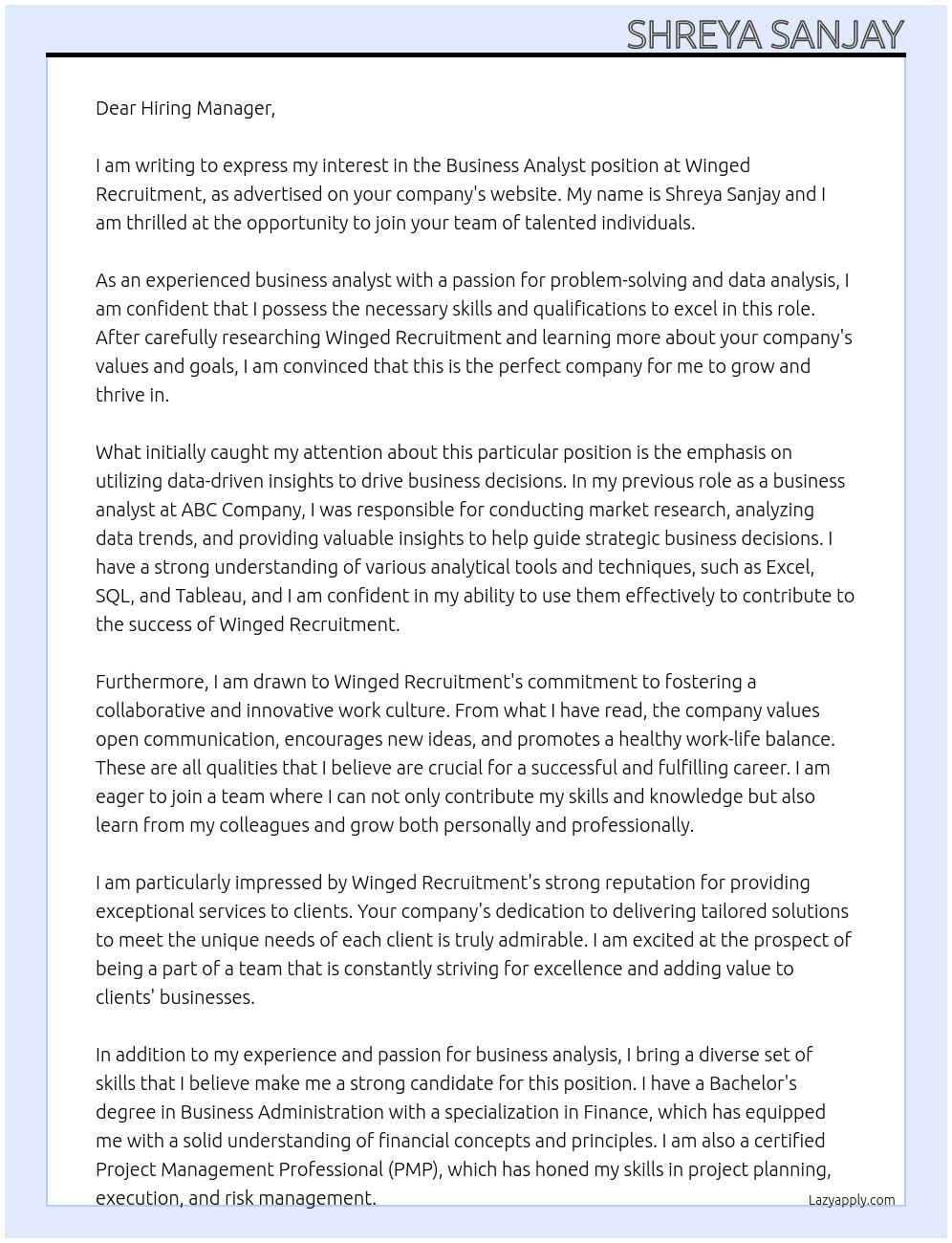 business analyst At winged recruitment Cover Letter