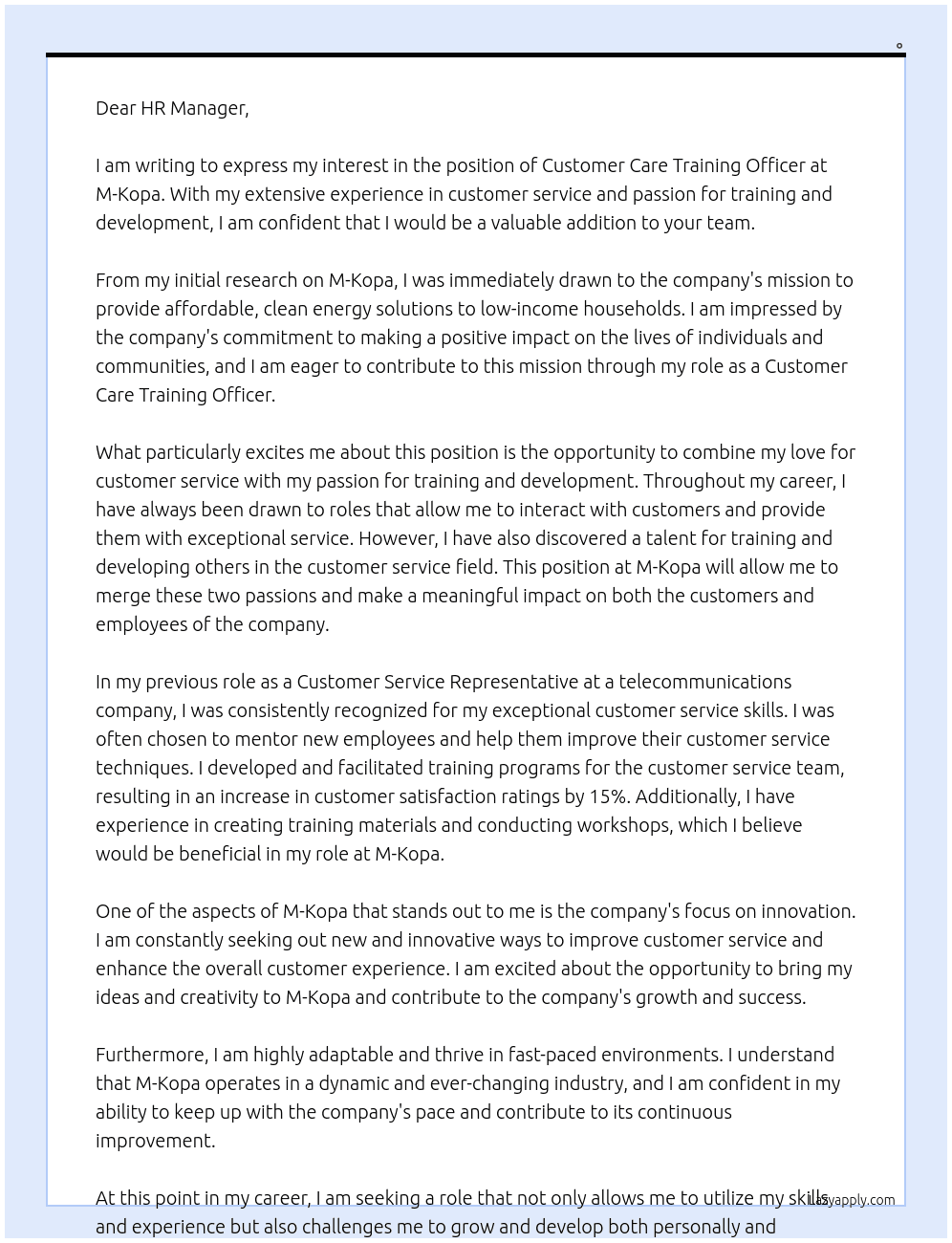 Customer care training officer At M kopa Cover Letter