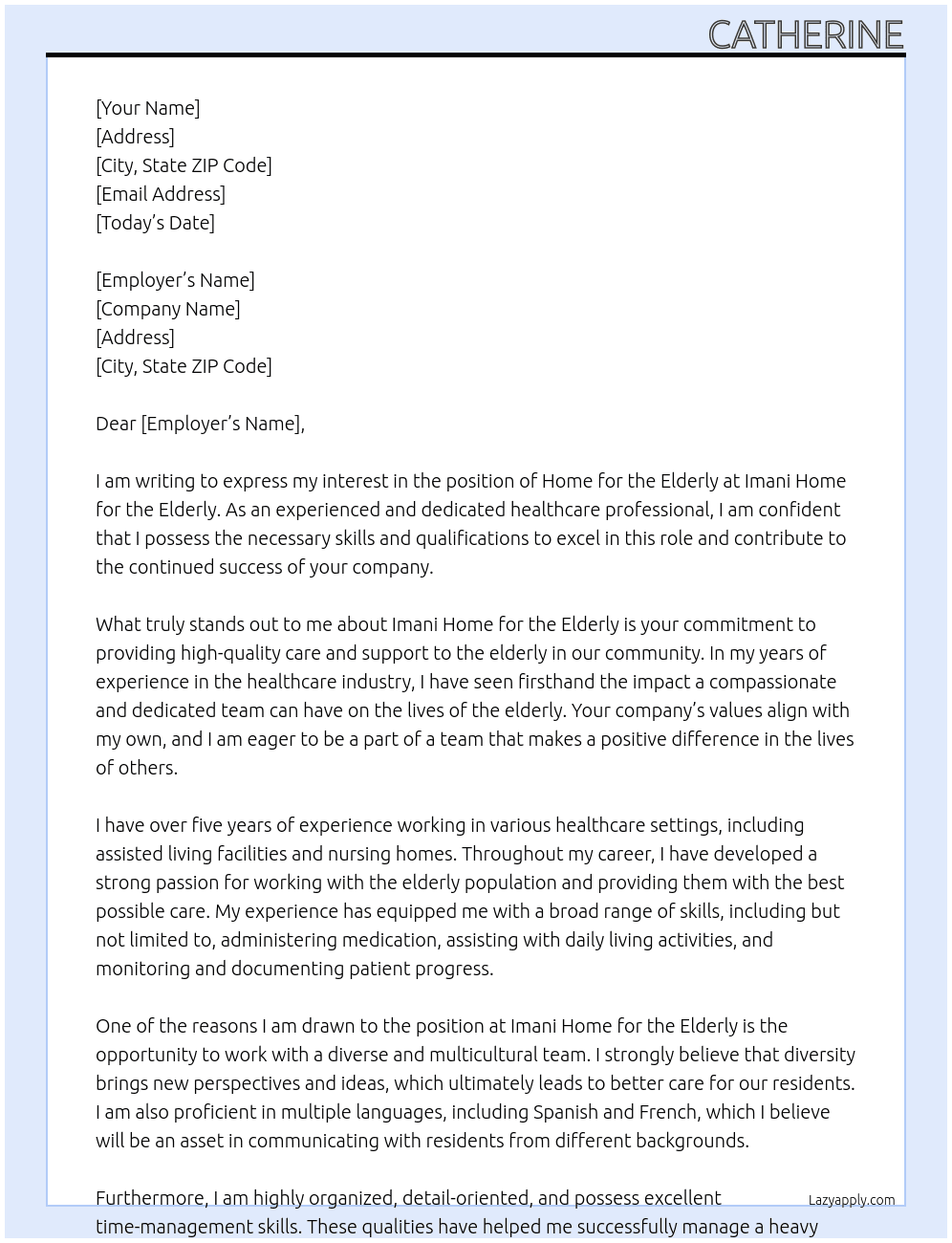 home for the elderly At imani home for the elderly Cover Letter