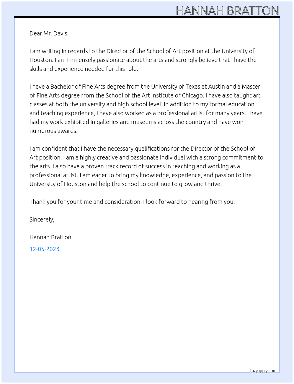 Director of the School of Art At University of Houston Cover Letter