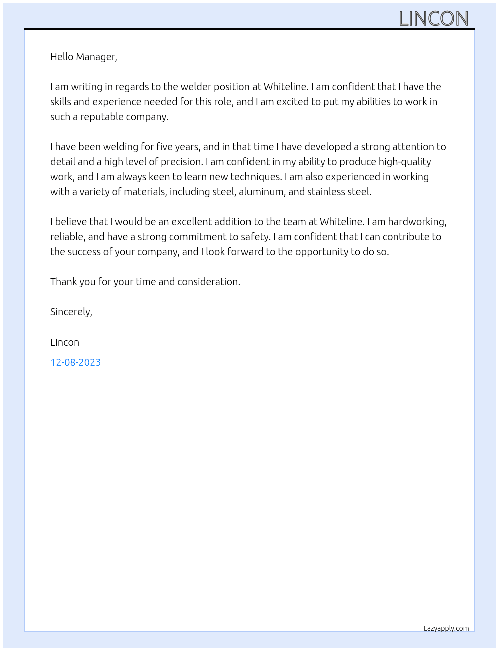 Welder At Whiteline Cover Letter