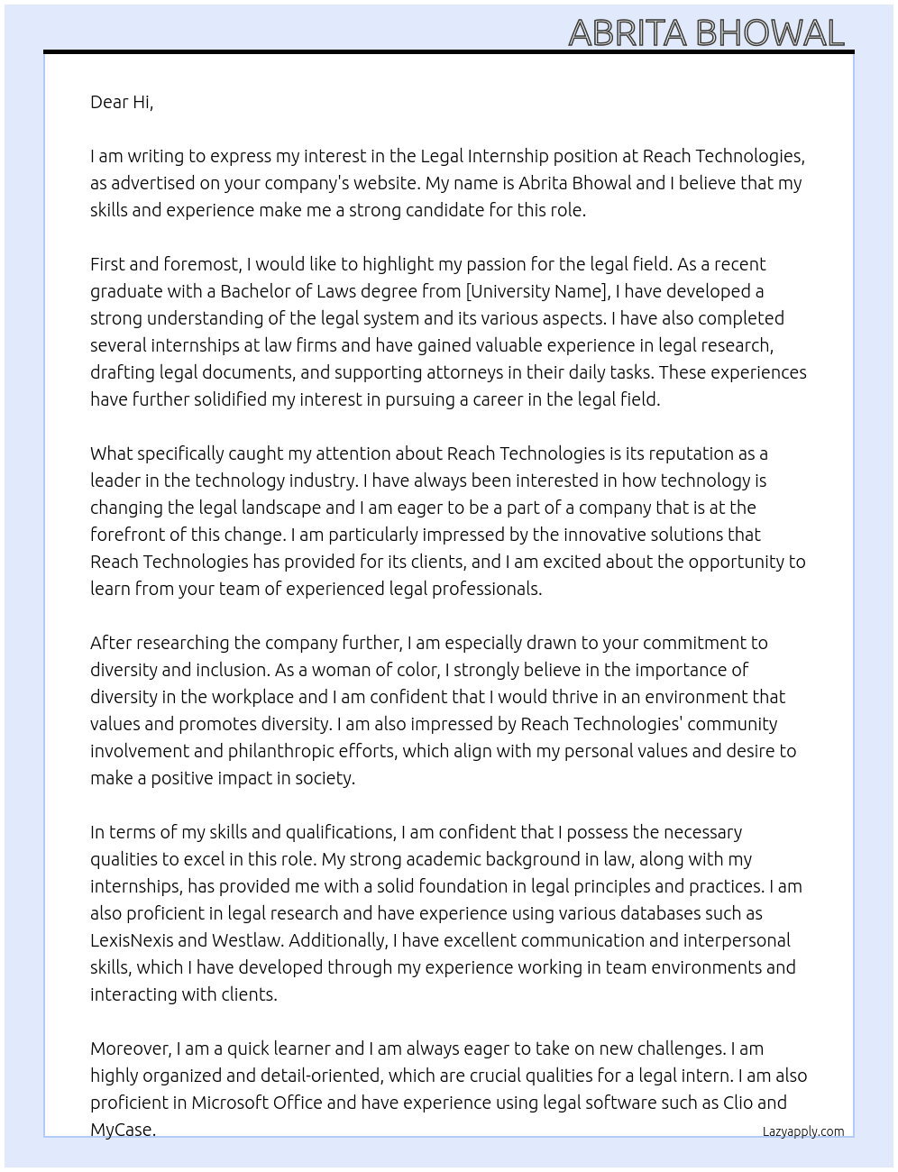 Legal internship  At Reach Technologies  Cover Letter