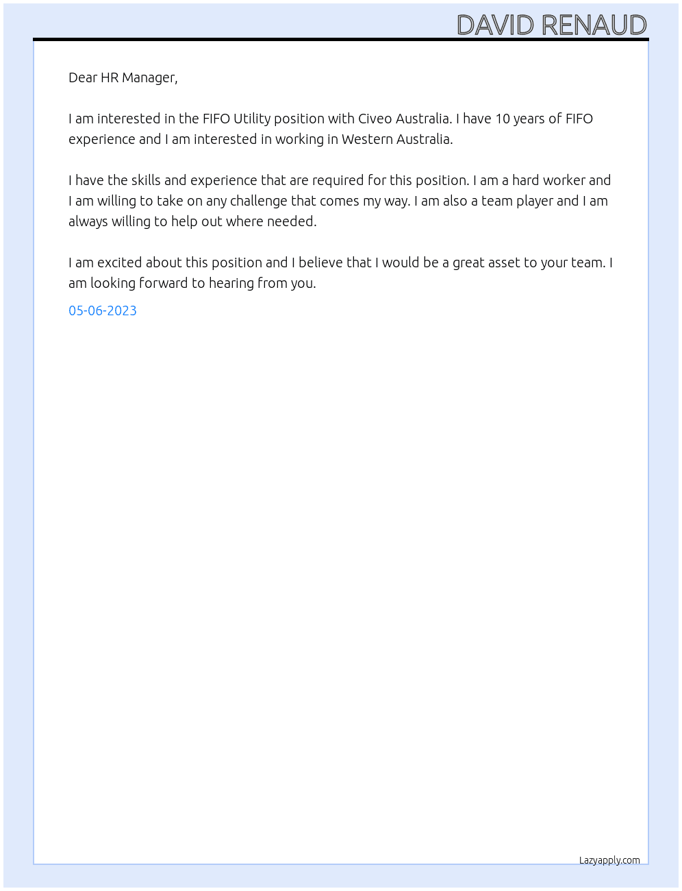 FIFO Utility At Civeo Australia Cover Letter