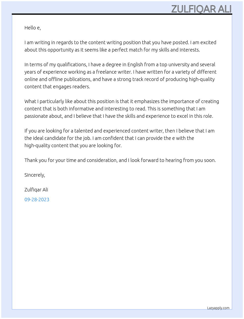 Content writing  At e Cover Letter