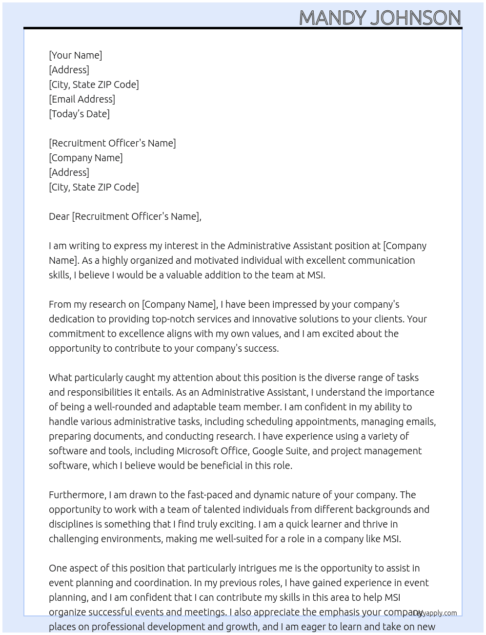 Administrative Assistant  At MSI Cover Letter