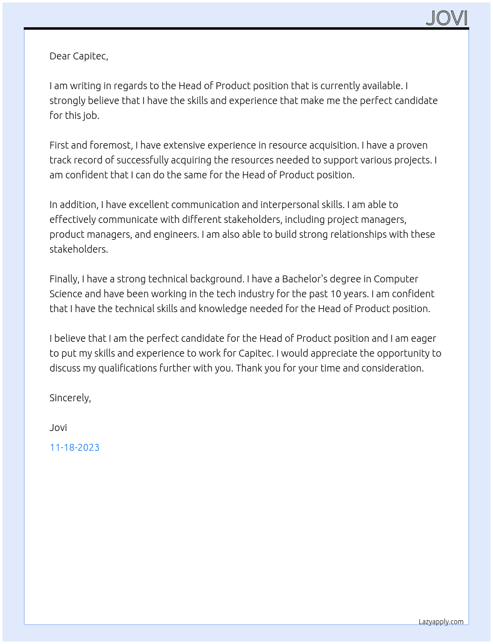 Head of Product At Capitec Cover Letter