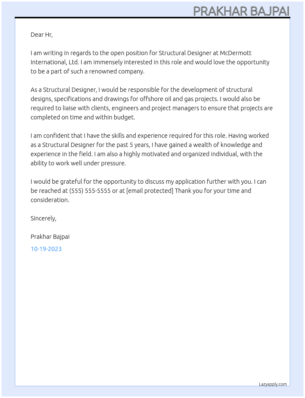 Structural Designer At McDermott International, Ltd Cover Letter