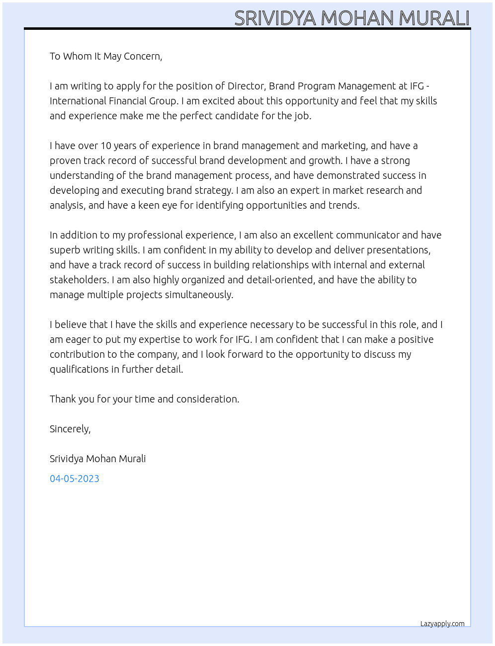 Director, Brand Program Management At IFG - International Financial Group Cover Letter