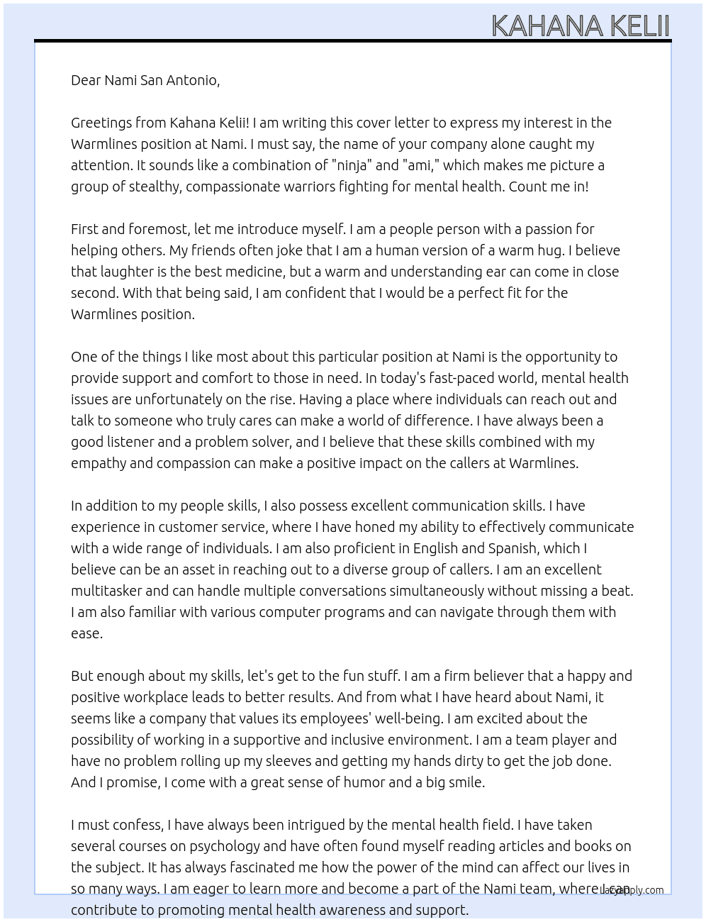 Warmlines  At Nami Cover Letter