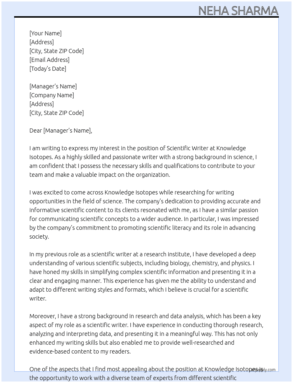 scientific writer At knowledge isotopes Cover Letter