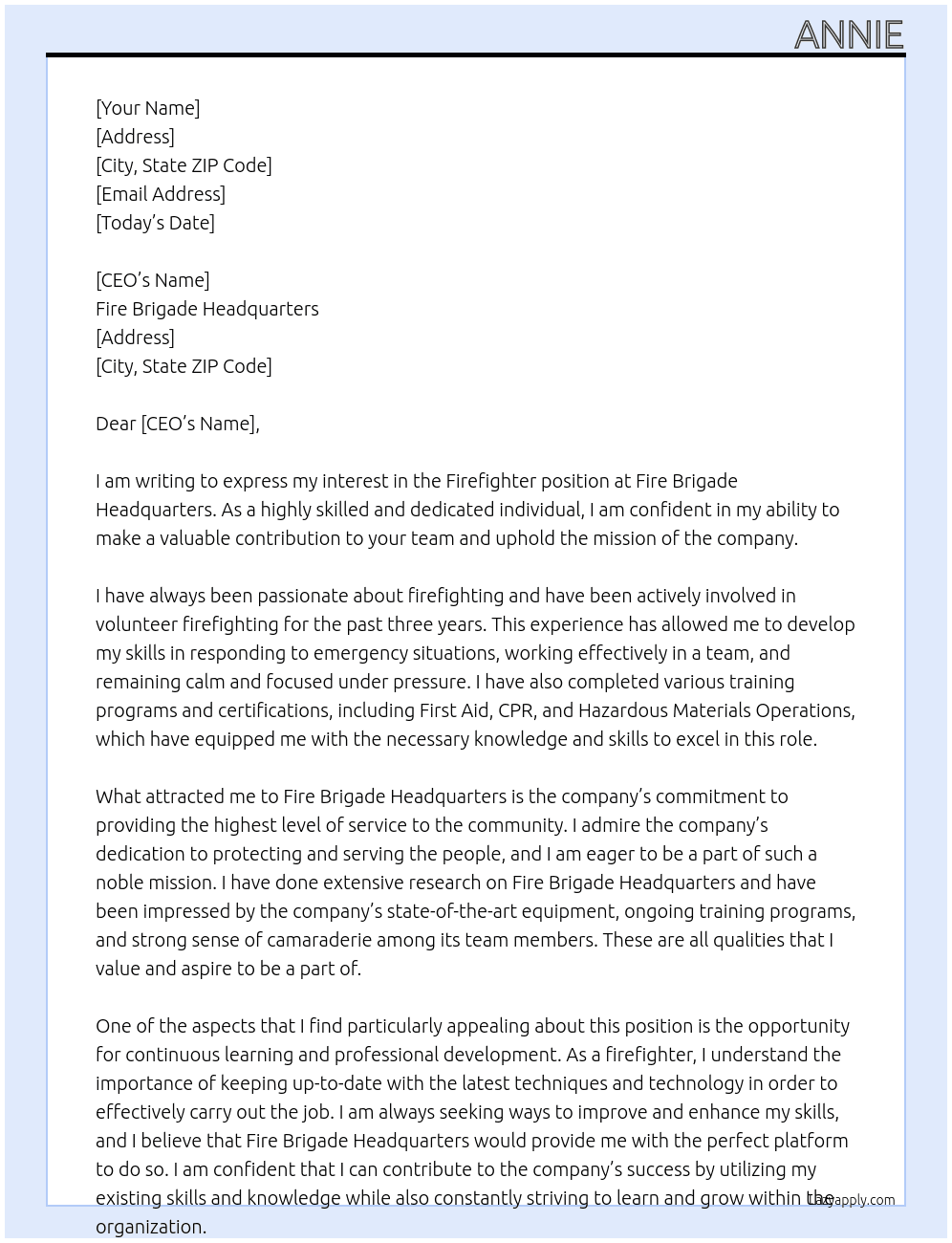 Firefighter At Fire brigade Headquarters  Cover Letter
