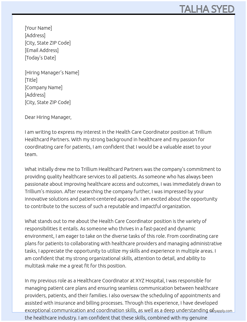 Cover letter for health care coordinator - LazyApply
