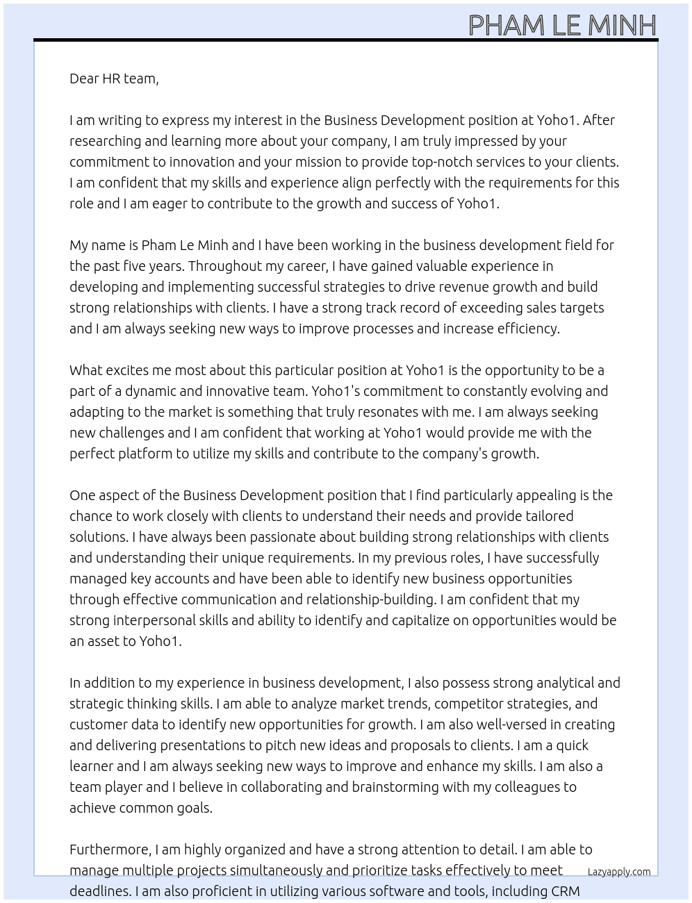 Business development At Yoho1 Cover Letter