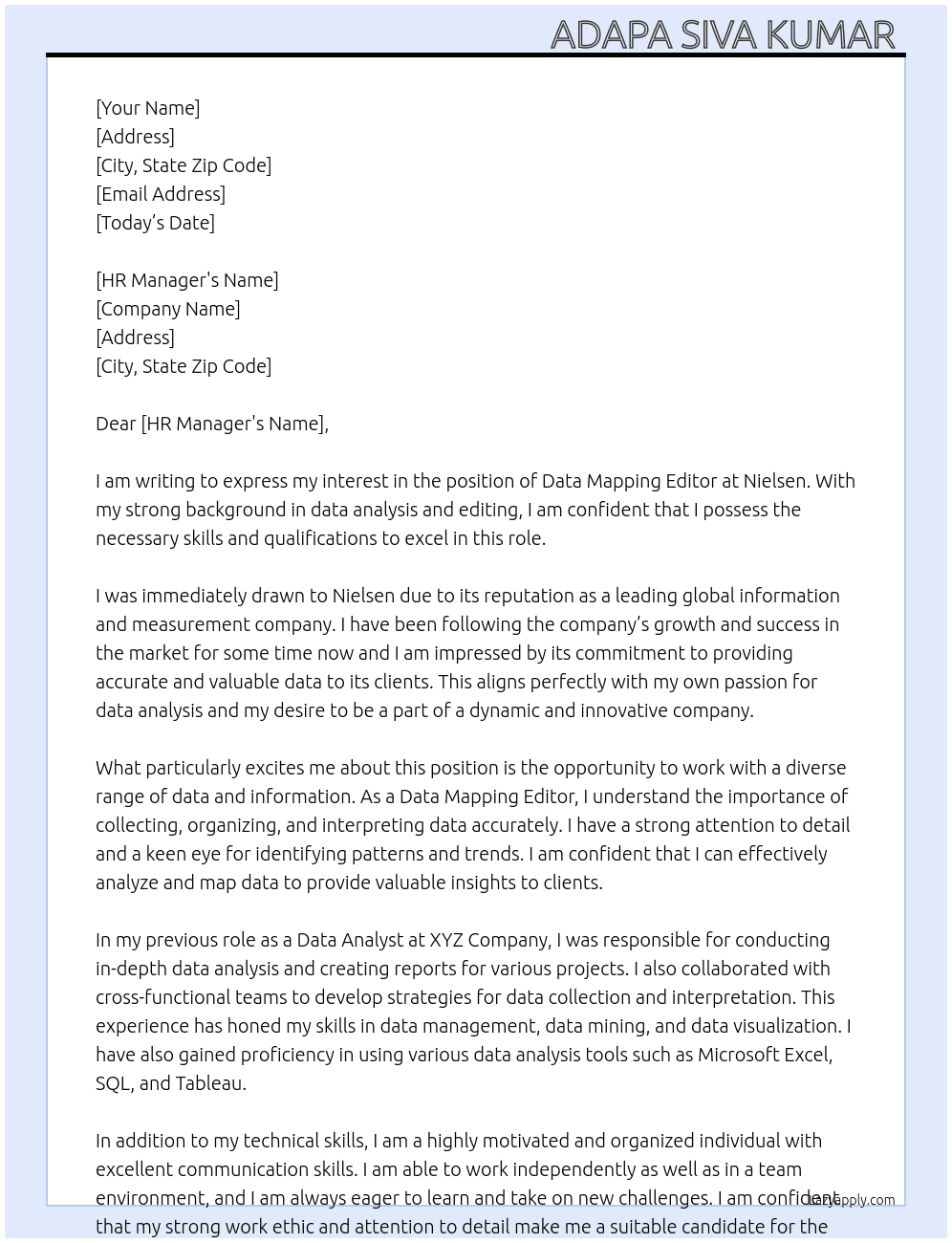 Data mapping editor  At Nielsen Cover Letter