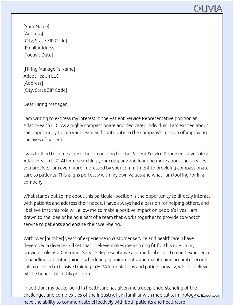 Patient Service Representative At AdaptHealth LLC Cover Letter