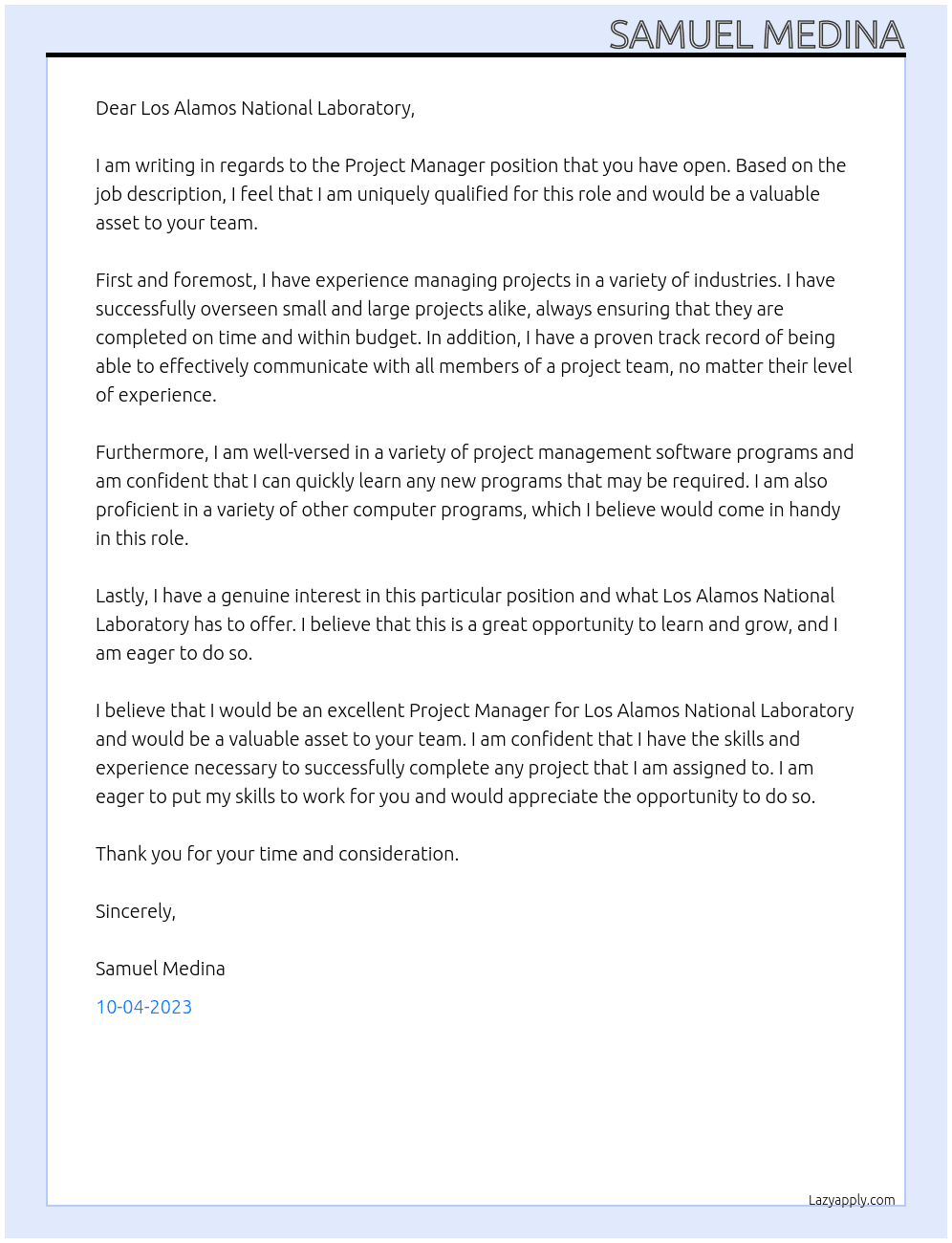 Project Manager At Los Alamos National Laboratory Cover Letter