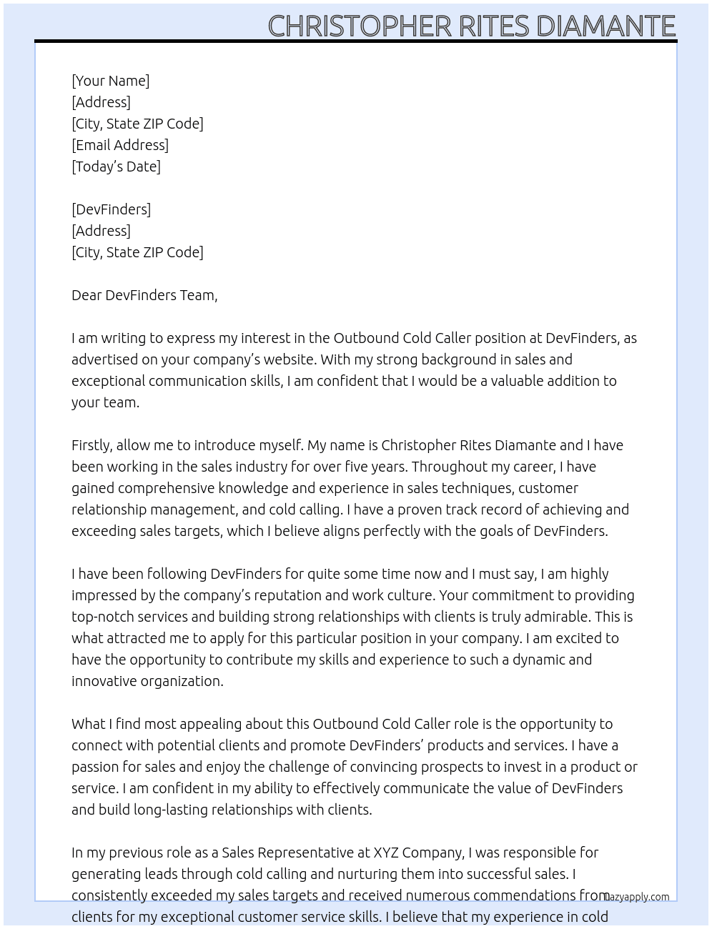 Outbound Cold Caller At DevFinders Cover Letter