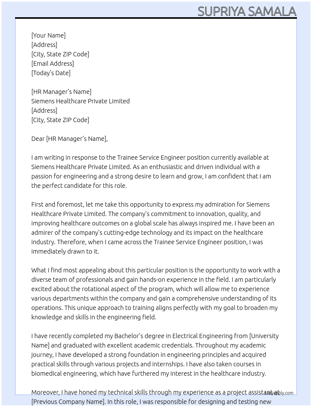 Trainee Service Engineer At Siemens Healthcare Private Limited Cover Letter