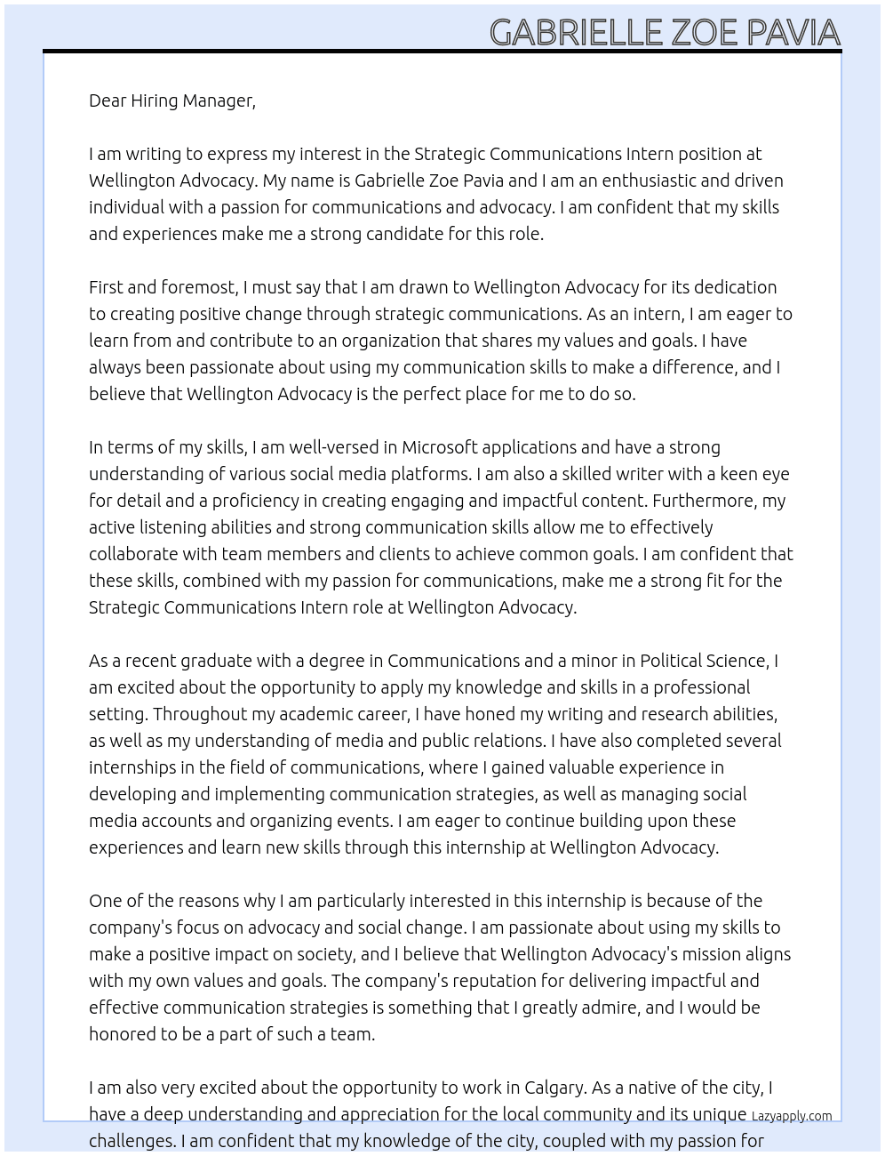 Strategic communications intern At Wellington Advocacy Cover Letter