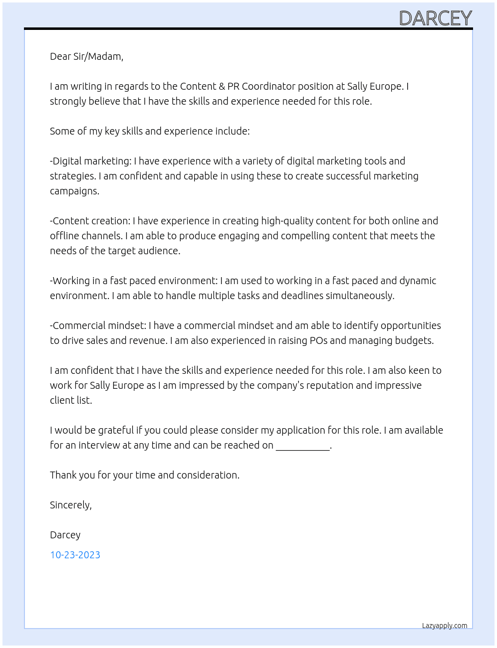 Content & PR Coordinator At Sally Europe Cover Letter