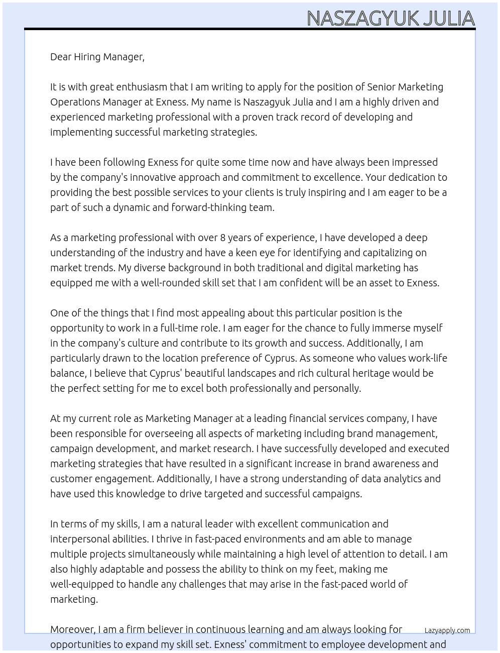 Senior Marketing Operations Manager At Exness Cover Letter