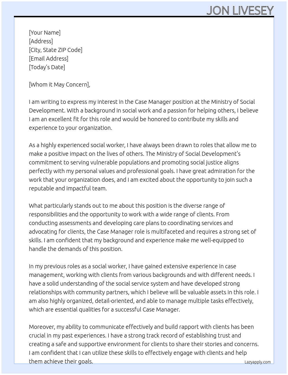 Case Manager At Ministry of Social Devolopment Cover Letter