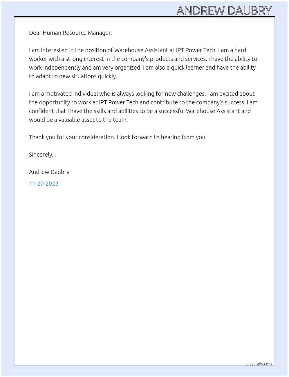 Warehouse Assistant  At IPT Power Tech Cover Letter