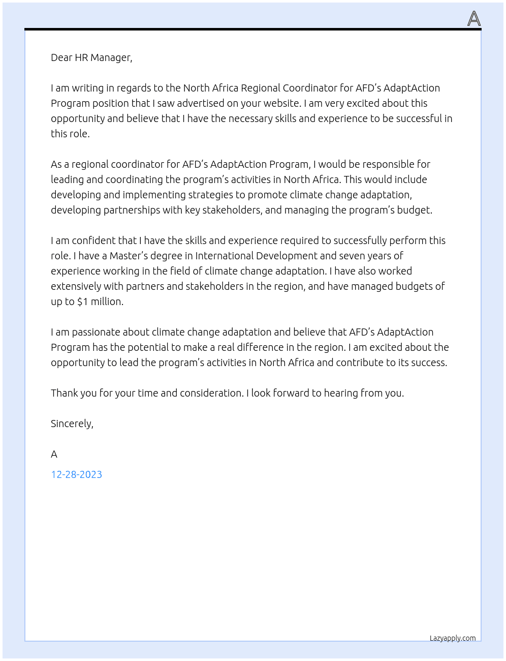 North Africa Regional Coordinator for AFD’s AdaptAction Program At Expertise France Cover Letter