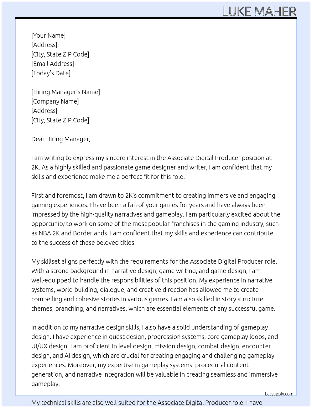 Associate Digital Producer At 2K Cover Letter