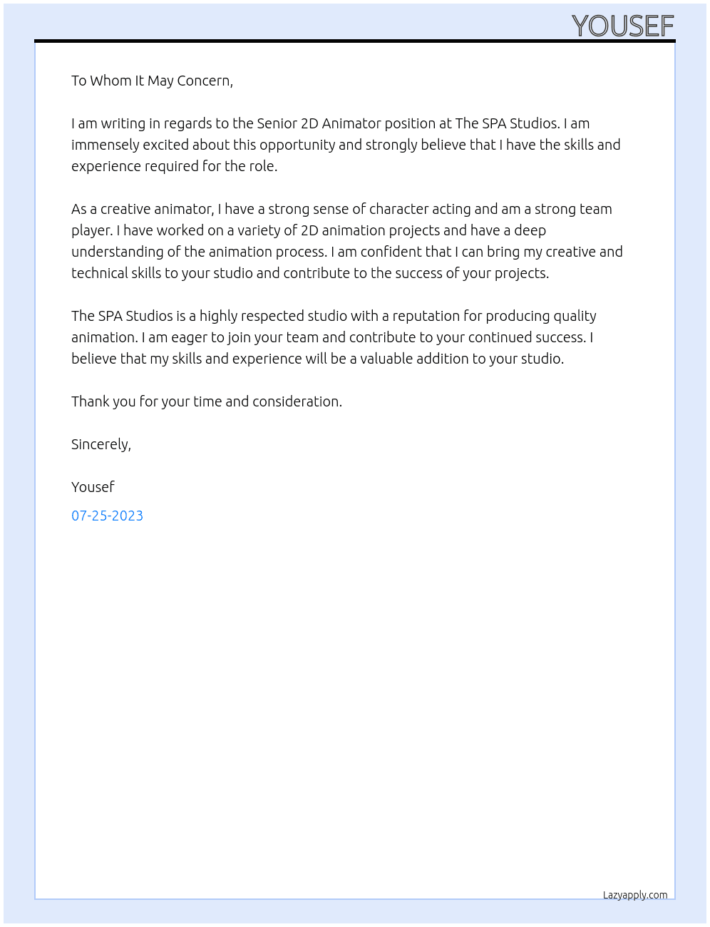 Senior 2D Animator  At The SPA Studios Cover Letter