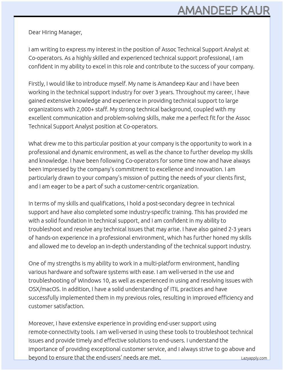 Assoc Technical Support Analyst At Co-operators Cover Letter