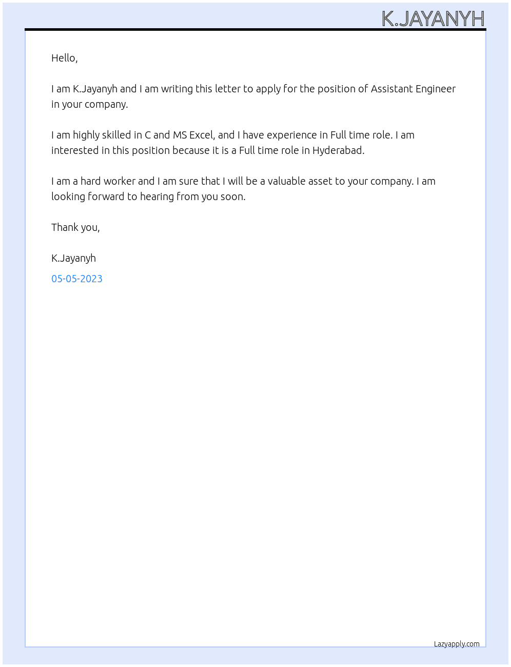 ASSISTANT ENGINEERING At Govt Cover Letter