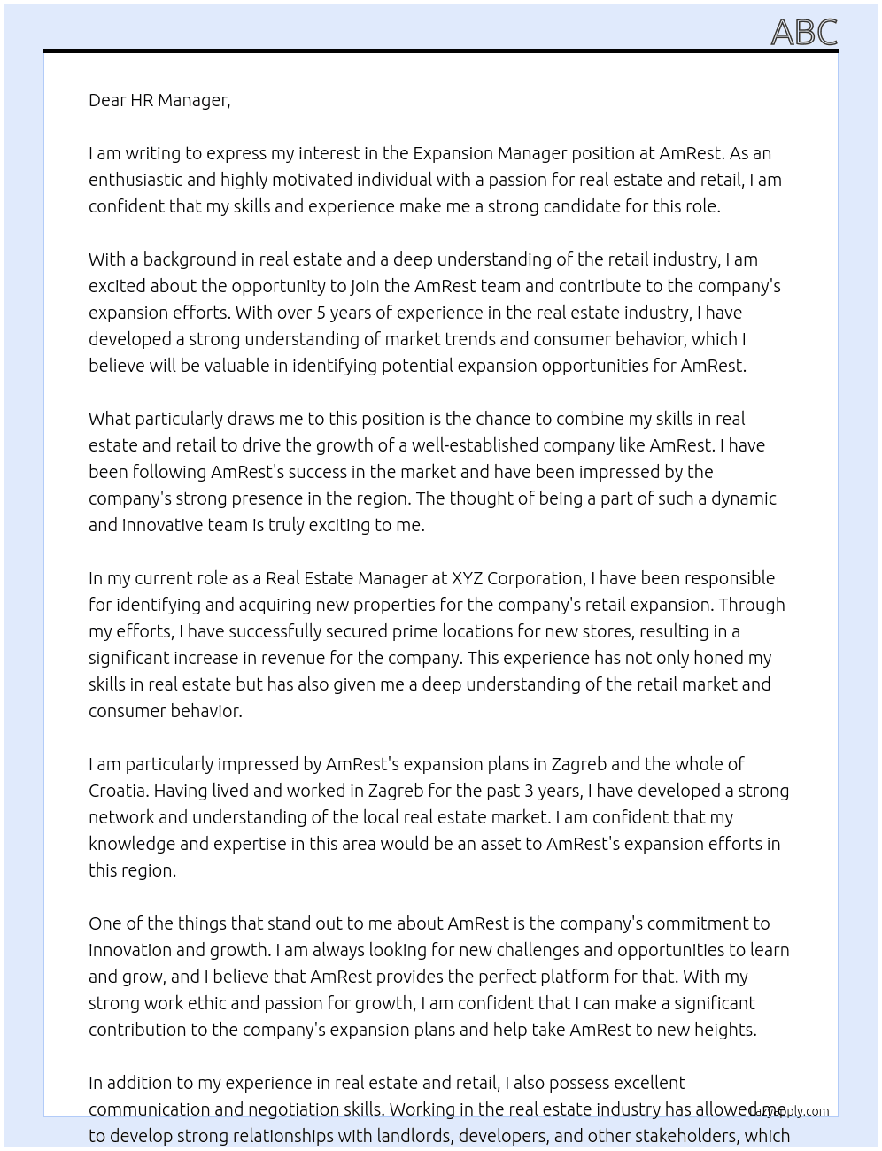 Expansion Manager At AmRest Cover Letter