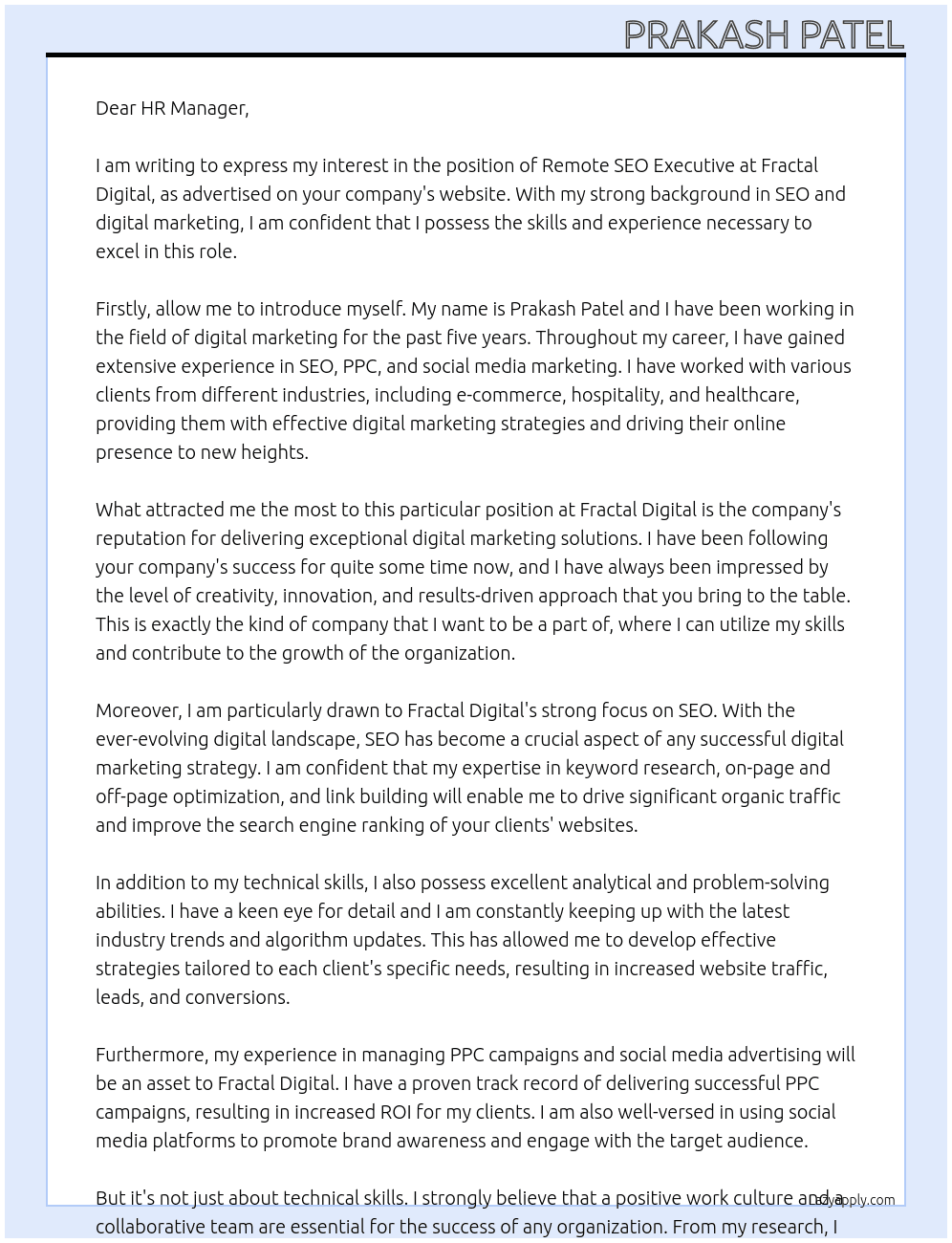 Remote SEO Executive At Fractal Digital  Cover Letter