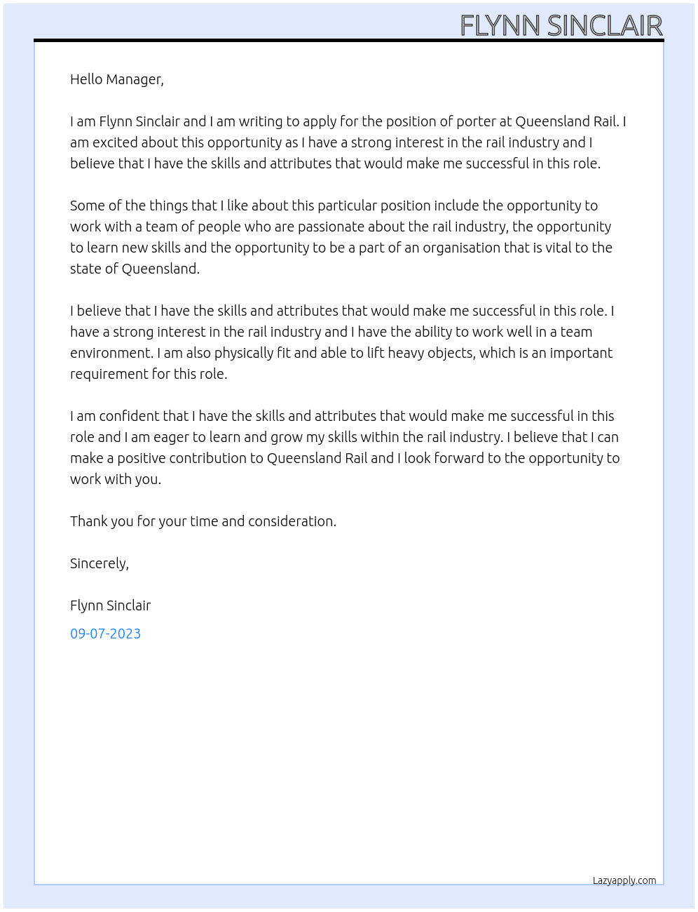 porter At Queensland Rail Cover Letter