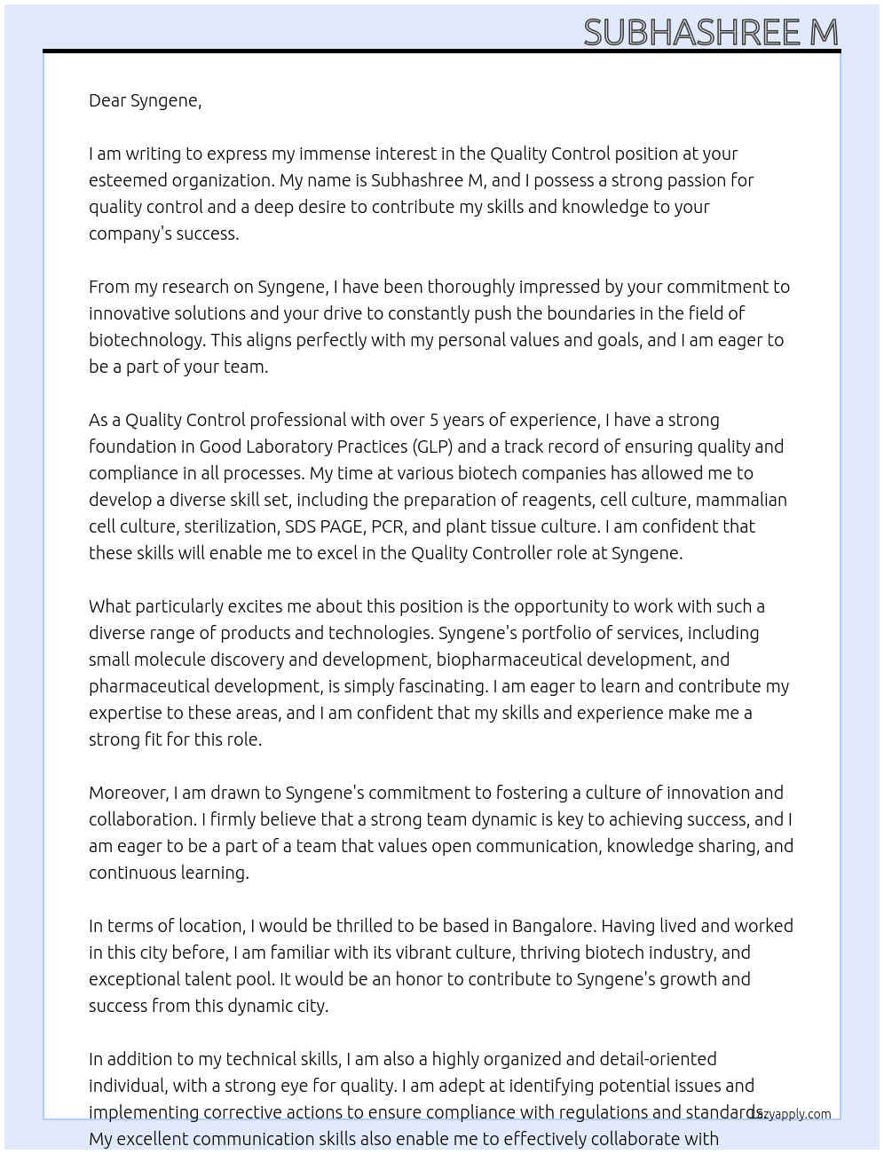 Quality control  At Syngene Cover Letter